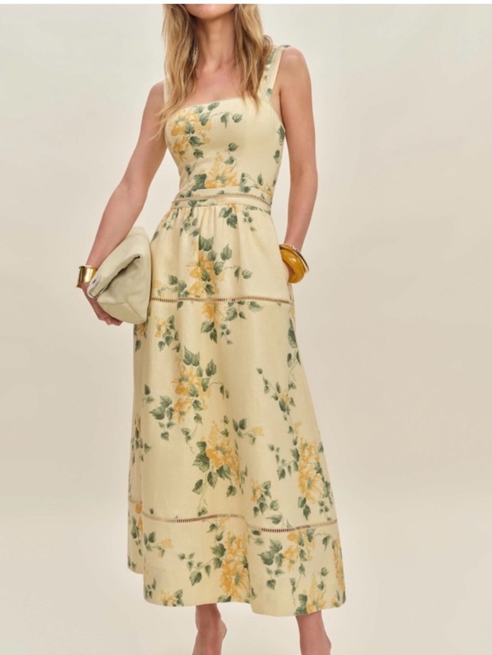 Yellow Floral Square-Neck Maxi Dress